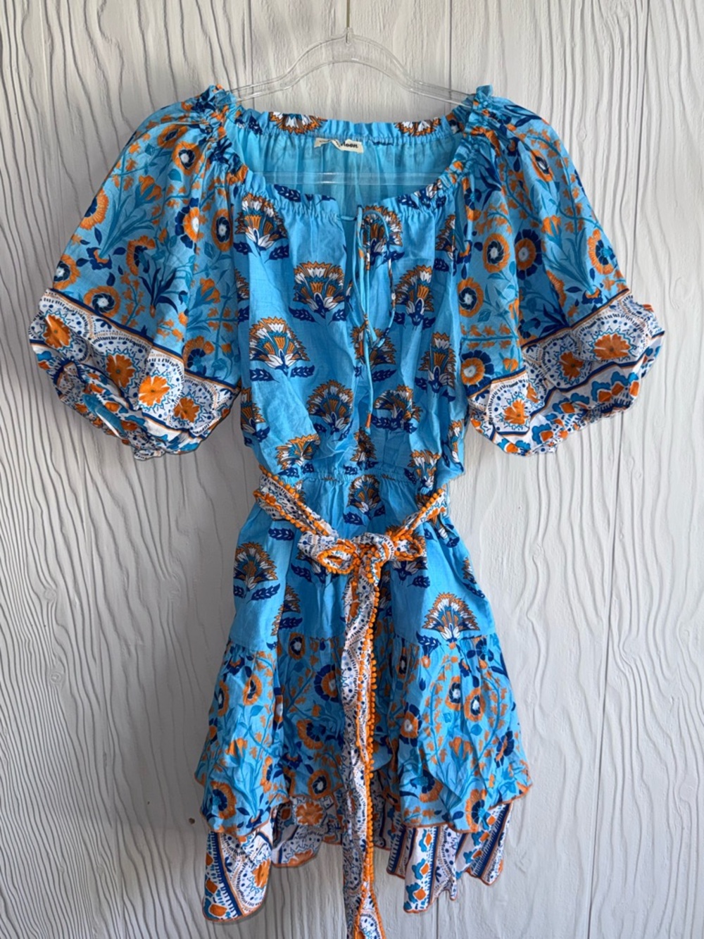 CELINA MOON Puff Sleeve Tie Waist Blue Floral Boho Mini Dress Sz: Small